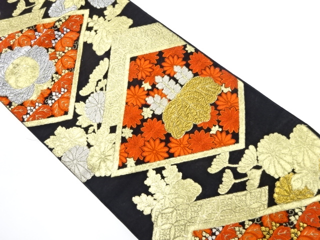 JAPANESE KIMONO / ANTIQUE FUKURO OBI / WOVEN KIKU